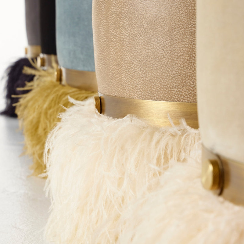 Leather Ostrich Fluff Pouf, Taupe/Cream