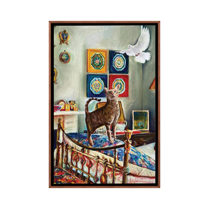 Chaton et la colombe - reproduction d'art murale - toile encadrée, 48 po x 32 po, Toile avec cadre, Brun