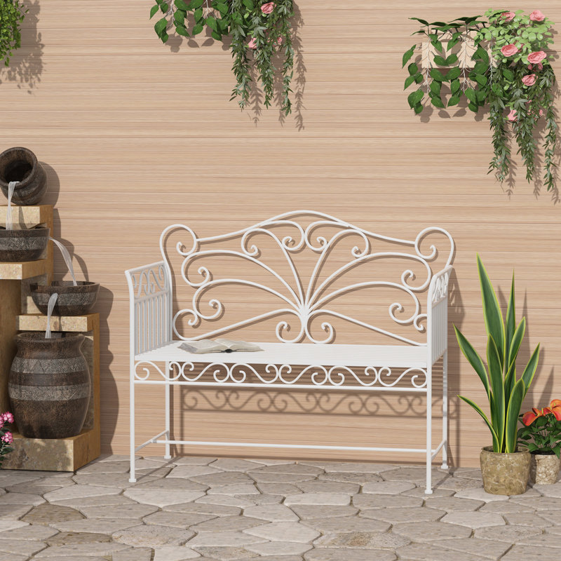Banc de patio blanc crème avec jardin extérieur en métal de 43 po pour la cour, la piscine, la pelouse, banc élégant, blanc, rehausse l'attrait