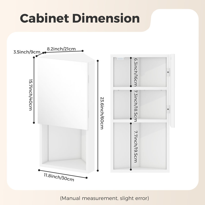 Corner Bathroom Mirror Cabinet,Wall Mounted Corner Cabinet with 3 Shelves,Single Door Bathroom Cabinets with Mirror,White Storage Unit for Shower Room Bedroom Living Room, 30*24*60CM,White