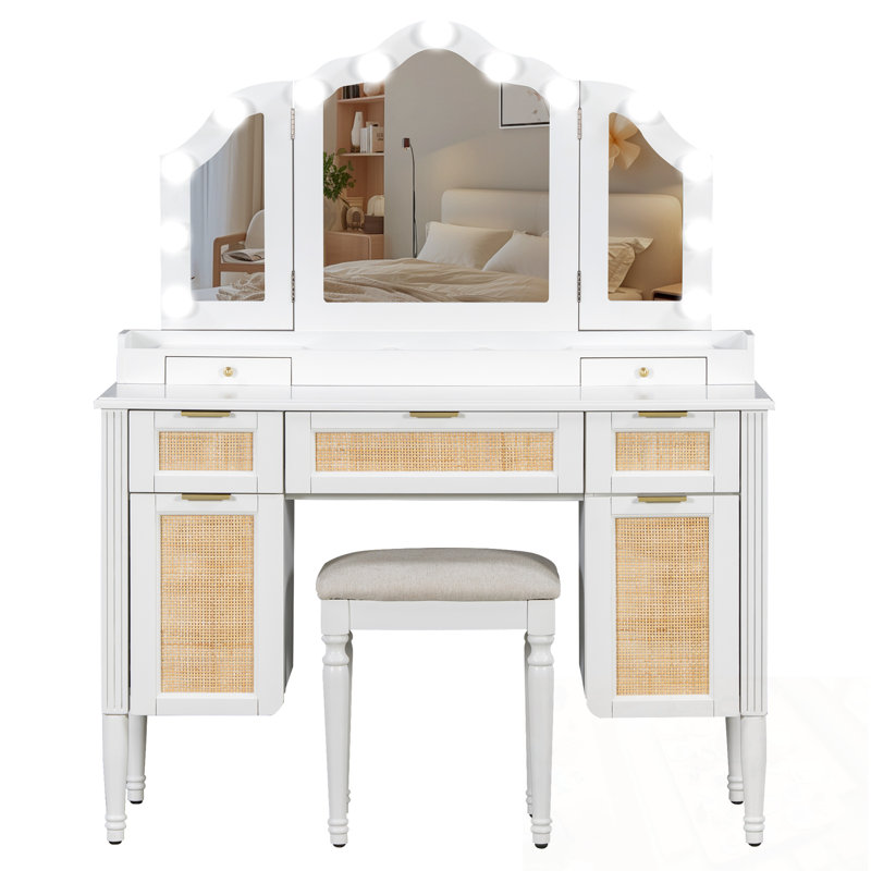 Bureau de maquillage avec miroir lumineux, 5 tiroirs et station de charge