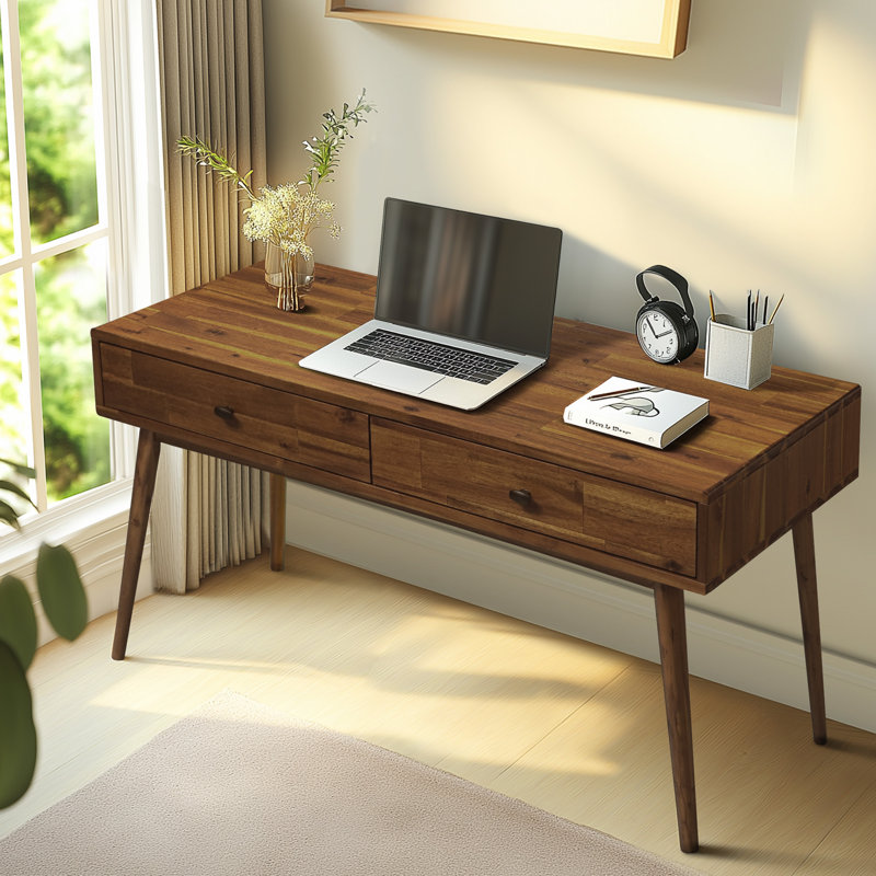 Acacia Lagom 48" Solid Wood Work Desk with Drawers Office Desk for Home Office,, Walnut