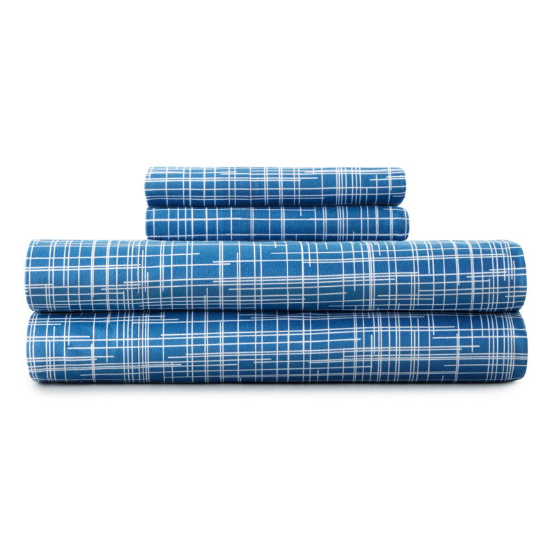 Micro Flannel® Printed Deep-Pocket Sheet Set, King Sheet Set with 2 Pillowcases, Blue Geometric