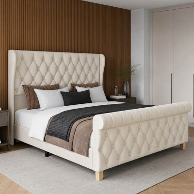 Modern Velvet Sleigh Platform Bed Frame, Solid Wood Slat Support, No Box Spring Required