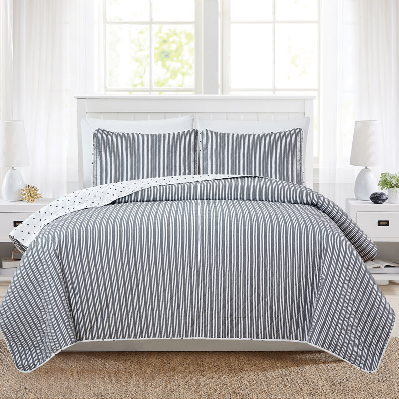 King Gray Microfiber Reversible Striped Quilt Set