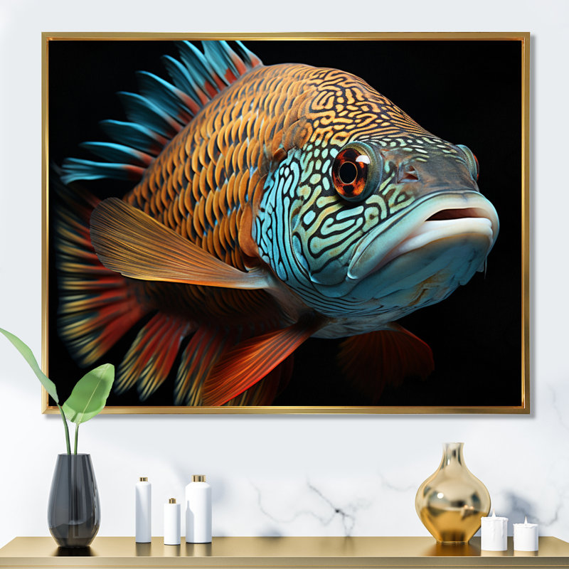 Portrait de poisson - art mural sur toile, H 12 po x l 20 po, Cadre flottant doré