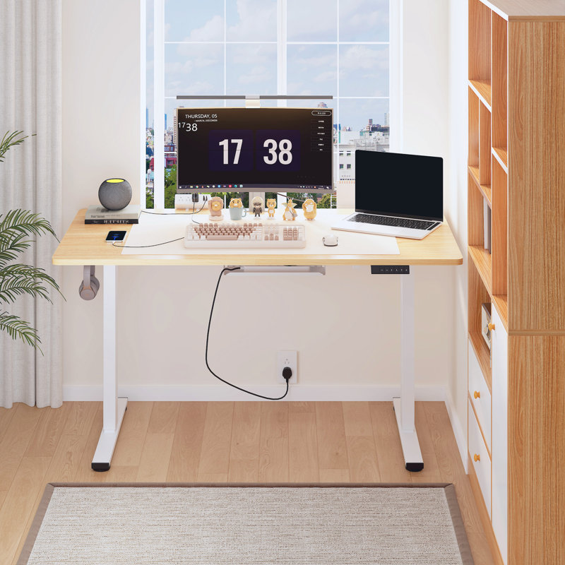 Adjustable Standing Desk, Whole-Piece Desktop, Maple/White, 55" W x 28" D