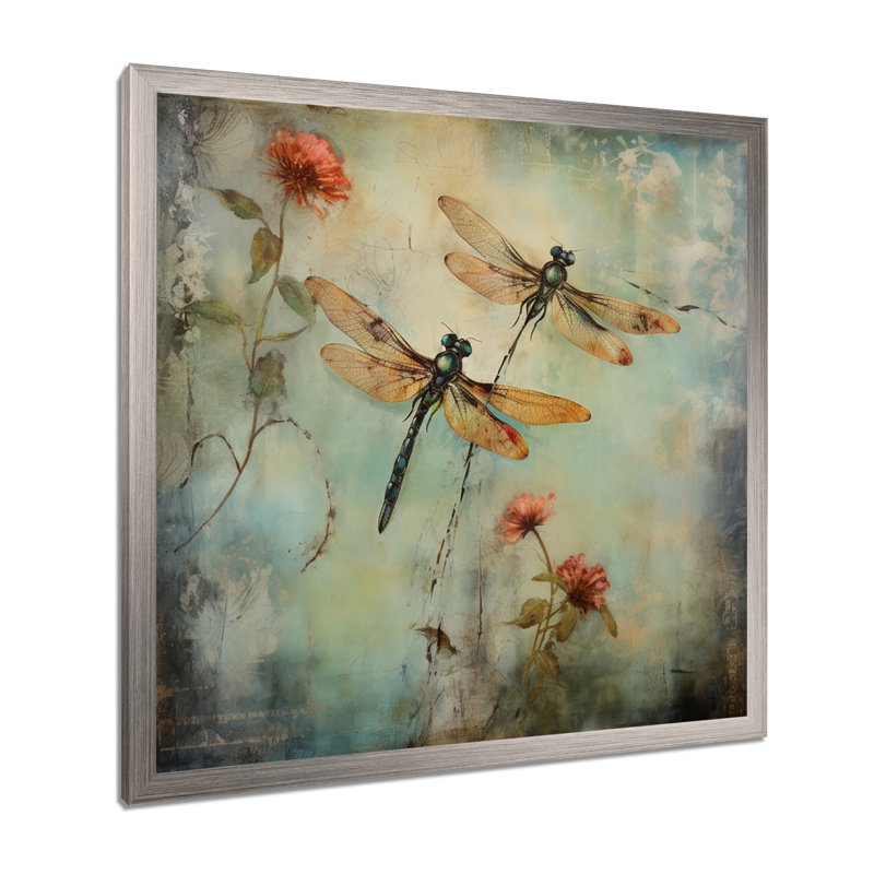Art rétro sur toile, libellule volante, H 36 po x l 36 po, Cadre photo unique, Argent argent