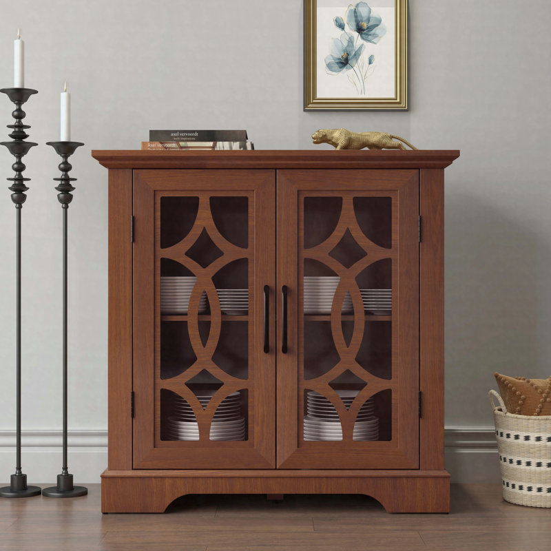 34.37" x 15.55" x 34.06" Sideboard Buffet Cabinet with 2 Tempered Glass Doors, Adjustable Shelf Storage Cabinet, Dark Oak