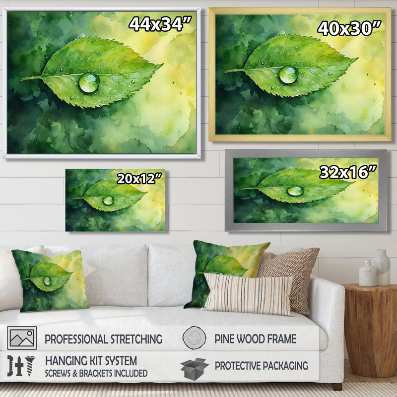 Goutte d'eau verte sur feuille II - feuilles, art mural, H 24 po x l 32 po, Impression encadrée flottante, Brun