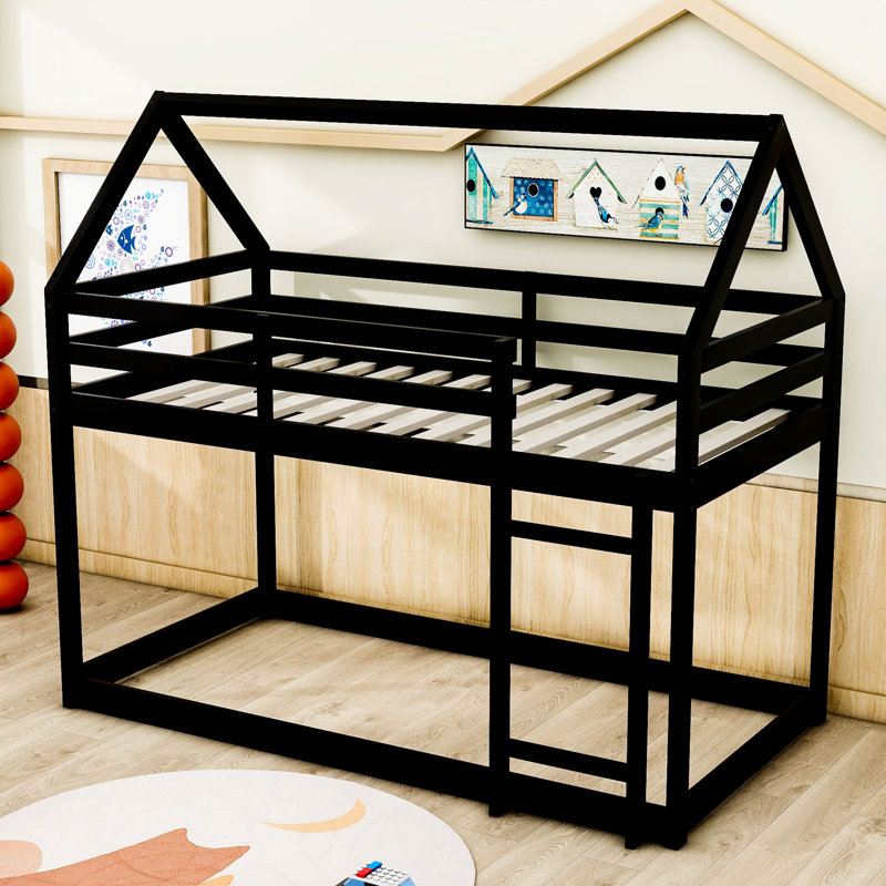 Analucia Twin Over Twin House-Shaped Floor Bunk Bed With Ladder And Guardrails, Black