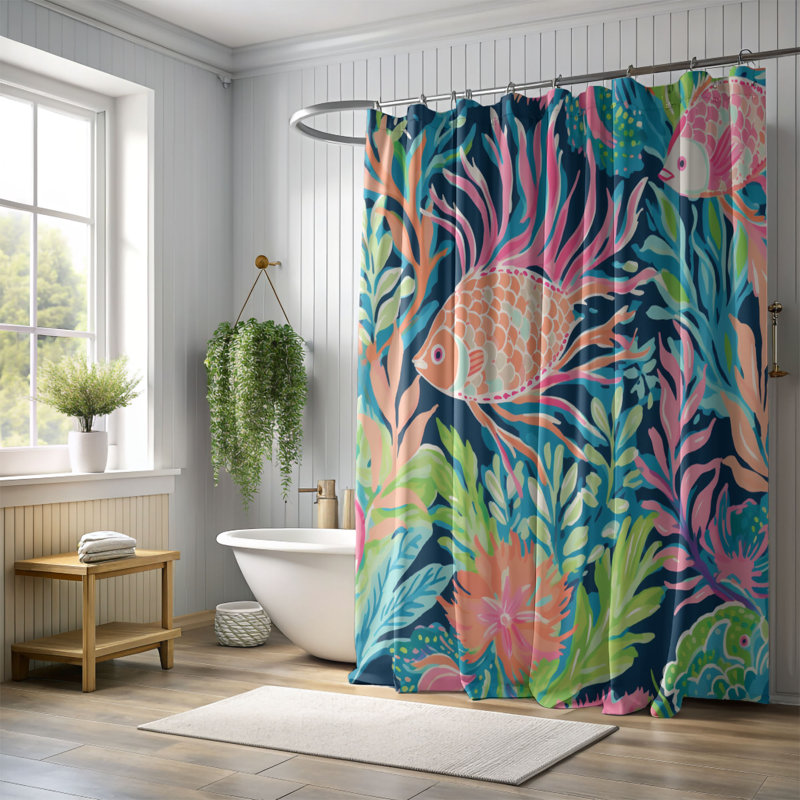 Rideau de douche standard 1 pièce Nautical Fish Prints, H 74 po x l 71 po, Orange Blue
