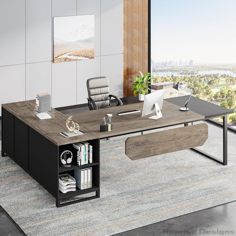 70.8" L-Shaped Executive Desk With 55" File Cabinet, Gray/Black