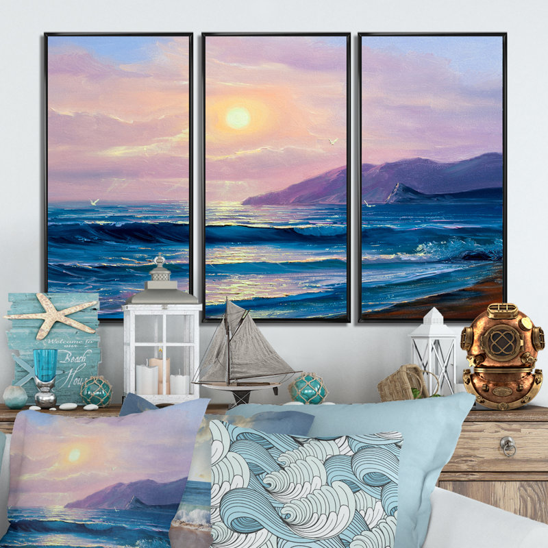Coucher de soleil au-dessus des vagues de l'océan bleu foncé - ensemble d'art mural sur toile encadré nautique et côtier