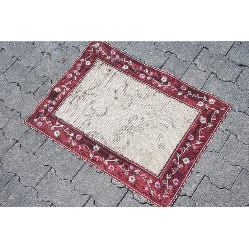 Vintage Turkish Oushak Small Rug - Faded Anatolian Wool Antique Entry Rug in Beige