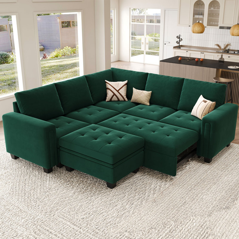 Modular Velvet Pull Out Bed With Storage Ottoman For Living Room Bedroom Apartment, Green Velvet