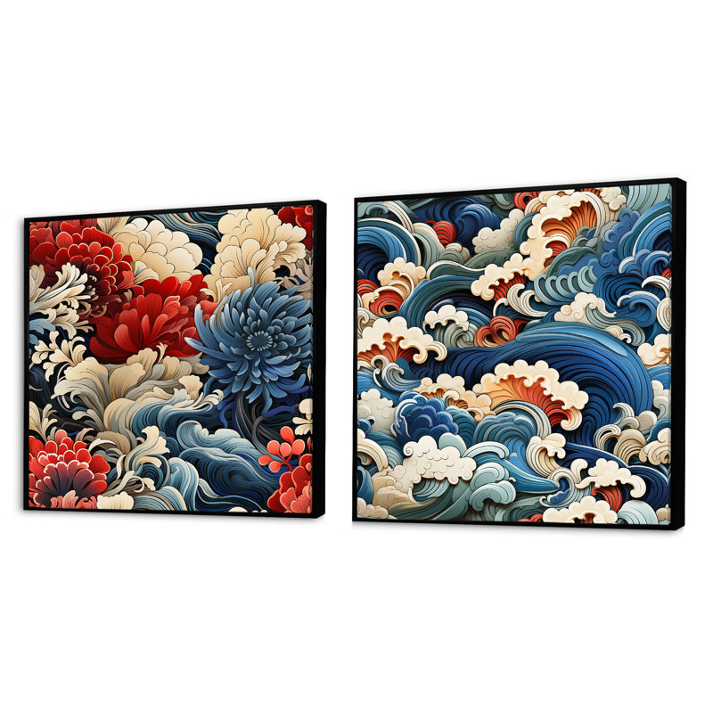 Vansant - Ensemble de 2 collages carrés de paysages abstraits, Cadre flottant noir, H 16 po x l 33 po