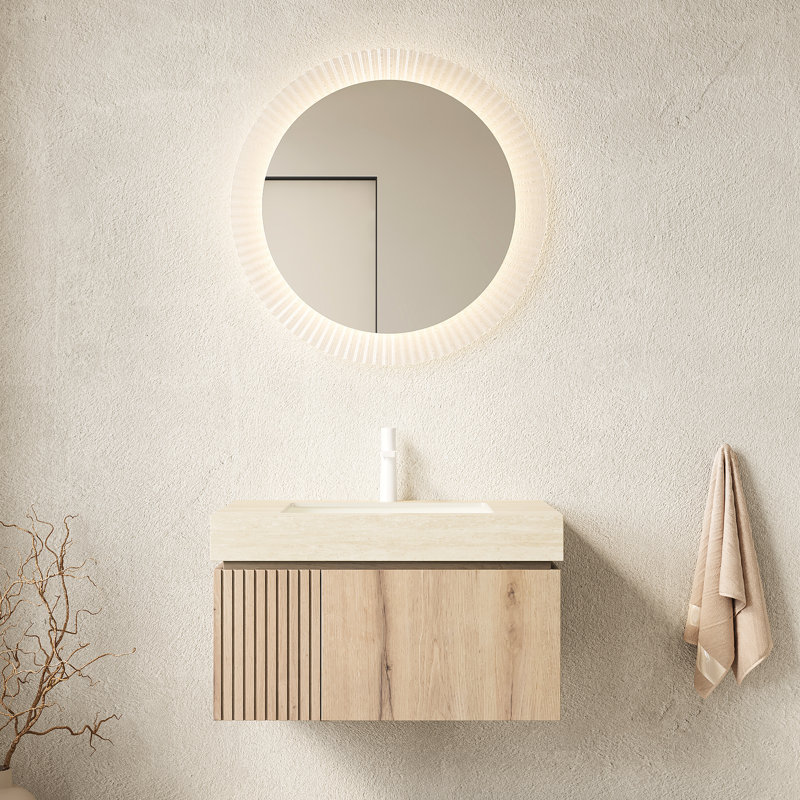Lavabo de meuble-lavabo flottant 30 po, rangement en contreplaqué avec porte et tiroir, comptoir en pierre frittée, 1 trou pré-percé en céramique, meuble-lavabo à tiroir, vasque en chêne blanc, fermeture en douceur