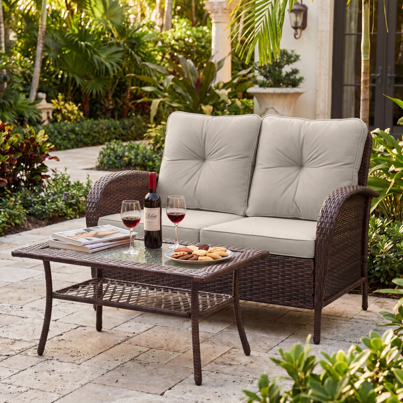 Outdoor Wicker Loveseat With Coffee Table And Cushions, Beige