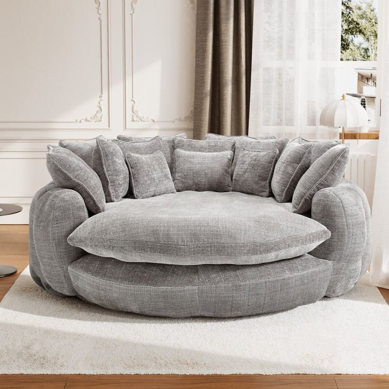 Très grand canapé à billes à compression - grande causeuse ronde avec coussins, Chenille gris pâle