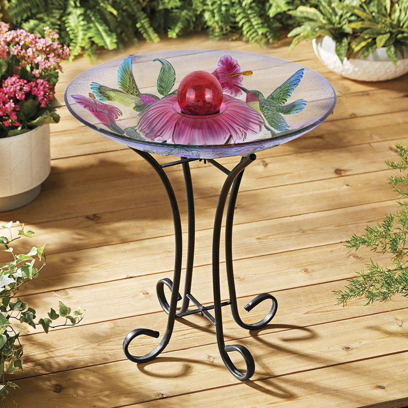 Solar Floral Glass Hummingbird Bird Bath with Stand