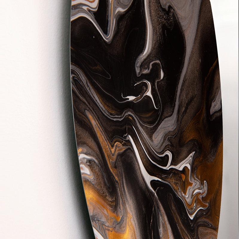 Orange et vagues de marbre noir II - art mural moderne en cercle métallique, H 11 po x l 11 po x P 1 po