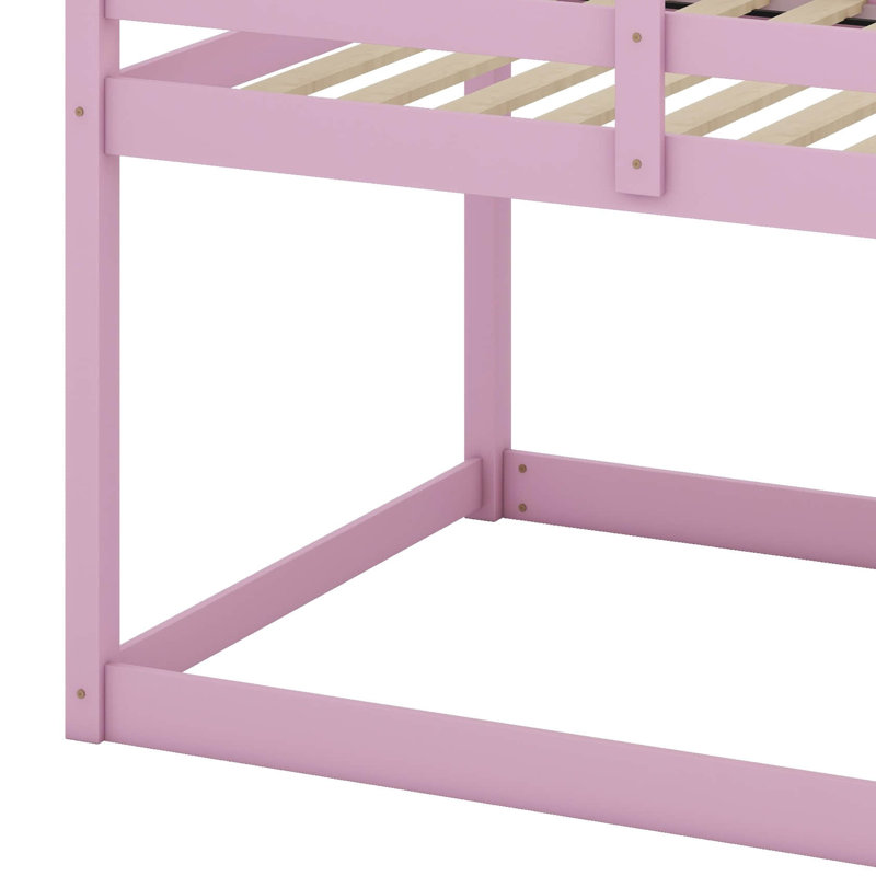Twin Over Twin Solid Rubber Wooden Floor Bunk Bed – Ladder & Strengthened Slat Bed Platform, Pink