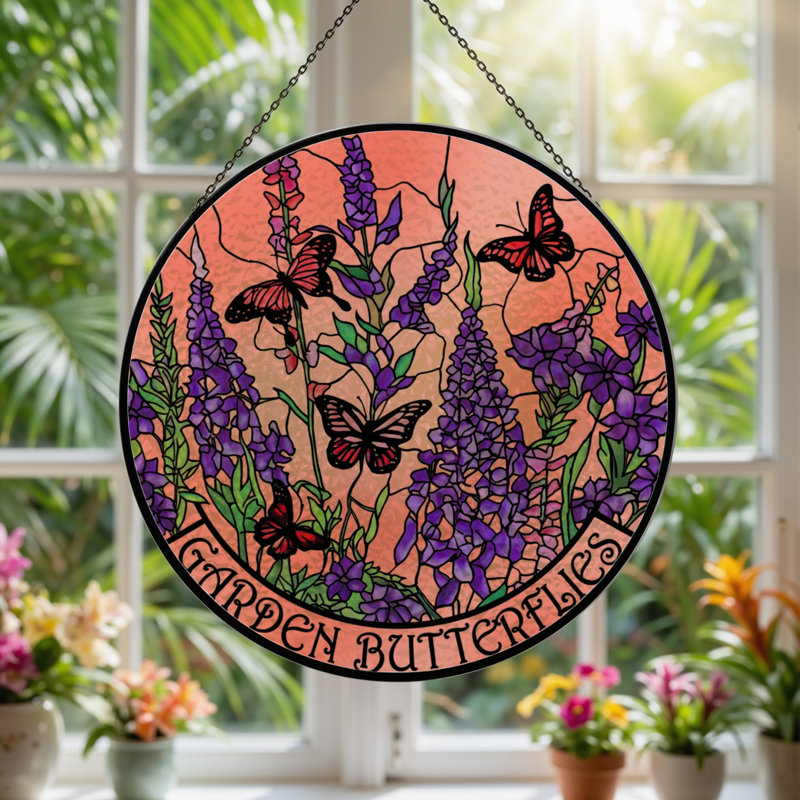Vitrail de vitrail de jardin 7,8 "avec papillons, H 7,8 po x l 7,8 po