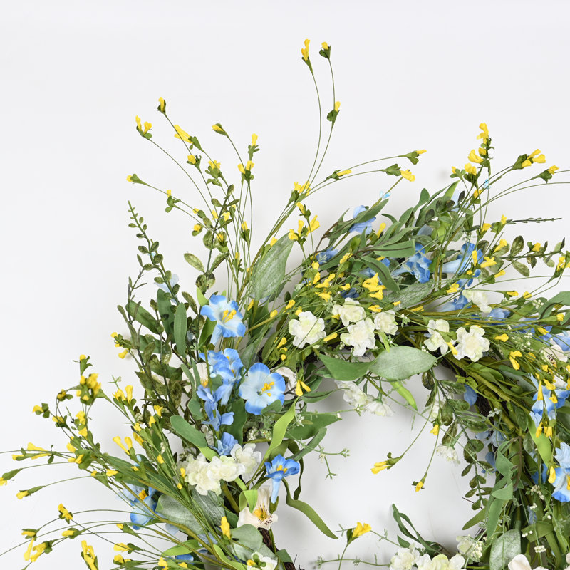 26" Artificial Spring Summer Greenery Foliage Blossoms Cluster Wildflower Floral Wreath For Front Door, Green/Yellow