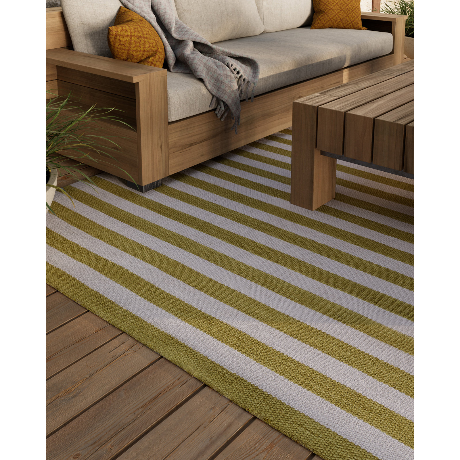 Rockaway Green Hand-Woven Striped Outdoor Rug, 2' X 3'