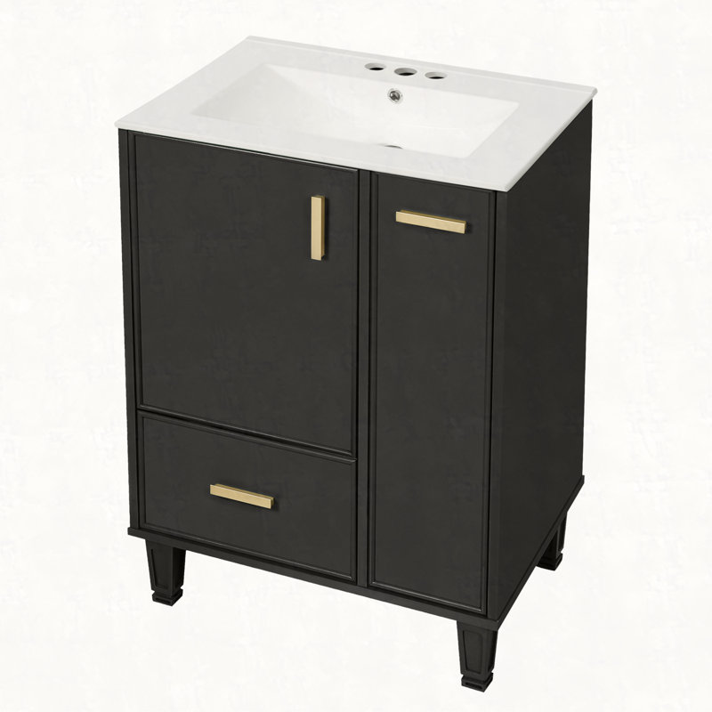 Meuble-lavabo 24 po avec lavabo, armoire de salle de bain avec tablette de porte, tiroir profond, panier coulissant à 2 niveaux, structure en bois massif et panneau de fibres à densité moyenne, un paquet
