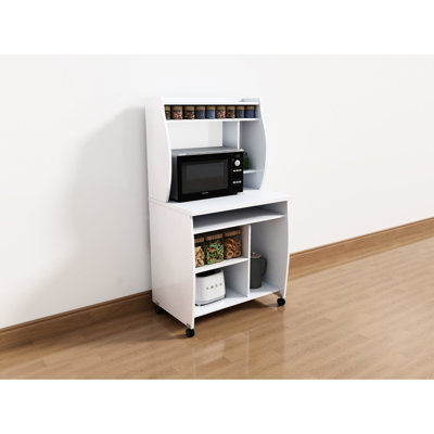 White Utility Cart With Shelves And Spice Rack On Locking Castors, Mobile For Microwave, Coffee, Computer Use, 19.52 In Width, 54.7 Height Microwave Monitor, Featuring Gliding Keyboard Tray Multi -