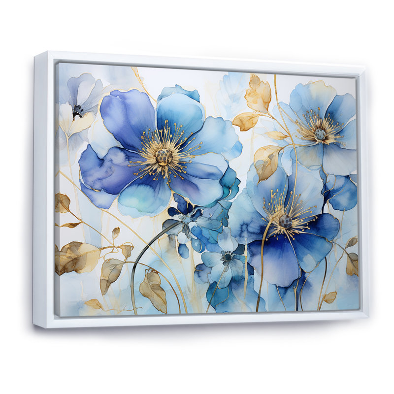 Bleu et or violettes ornées, H 16 po x l 32 po x P 1 po, Cadre flottant blanc