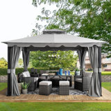 Sunjoy Soft Top Gazebo 11 ft. x 13 ft. Steel Gazebo with 2-Tier Hip Roof,Netting and Curtain,Metal Structure