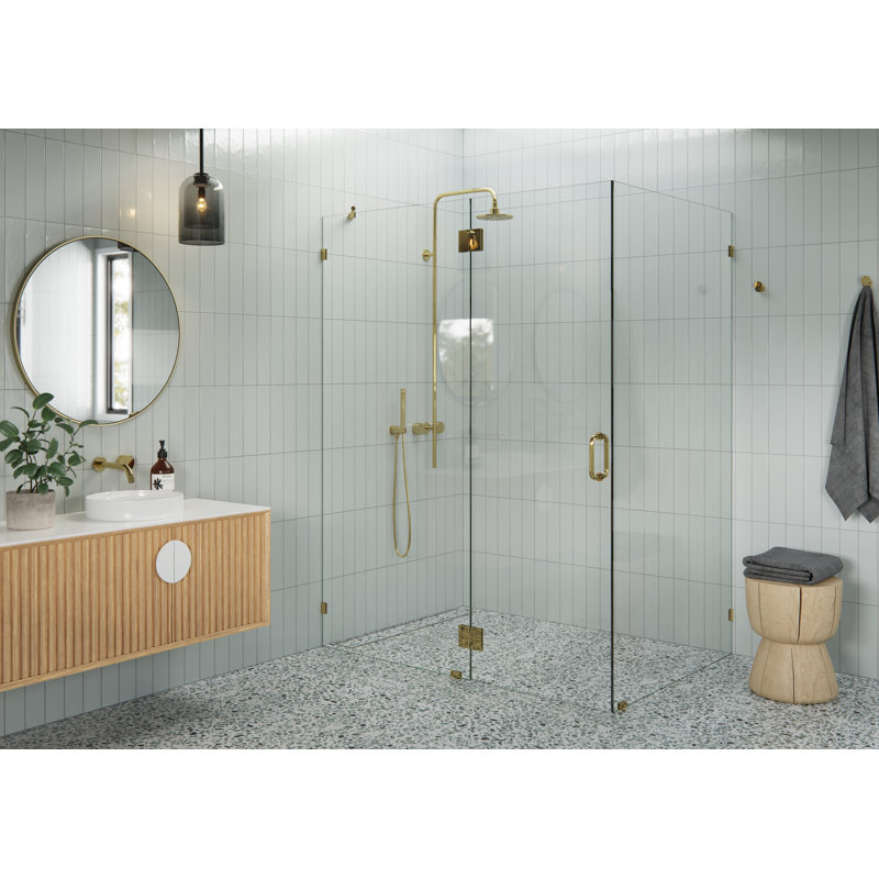 Halo 58 in. x 42 in. x 78 in. 90-degree Fully Frameless Glass Hinged Shower Enclosure, Polished Brass
