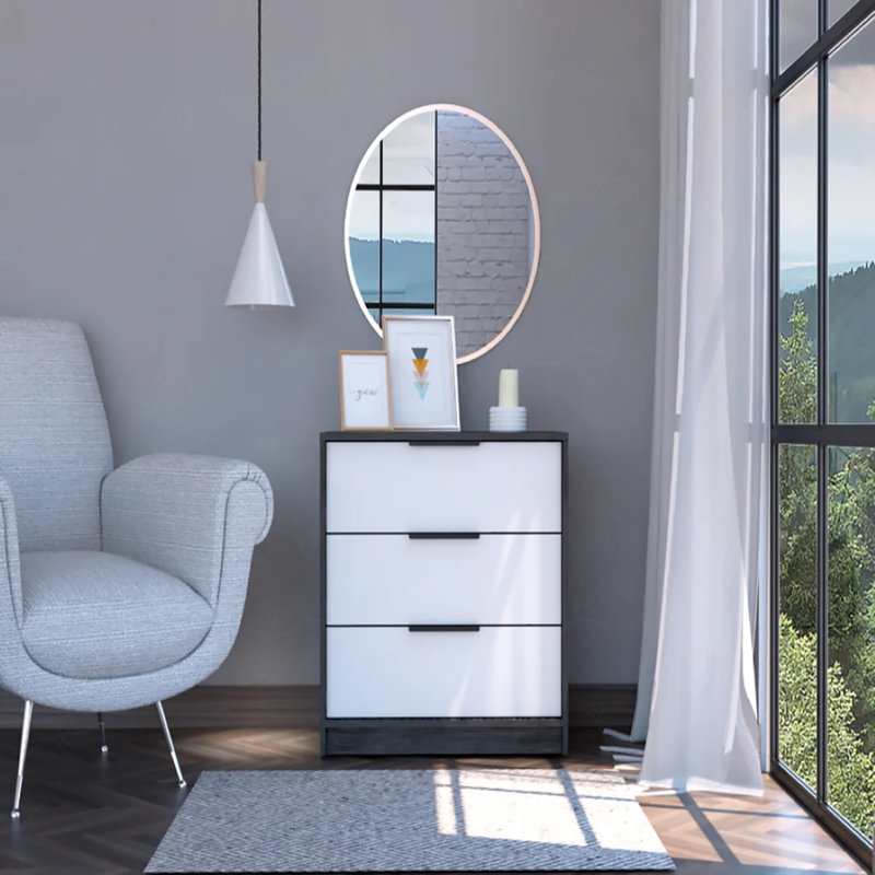 Commode 3 tiroirs, plateau supérieur, Noir / blanc