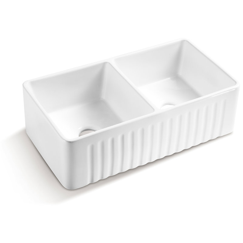 Évier de cuisine en céramique blanc profond - P 33 po x l 18 po, H 10 po, 93 lb et tablier hygiénique à gratter et teinture sur le devant, conception élégante