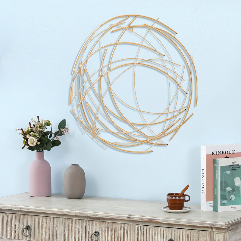 Décoration murale abstraite moderne faite à la main en métal, Doré, H 25,5 po x l 25,5 po x P 0,5 po