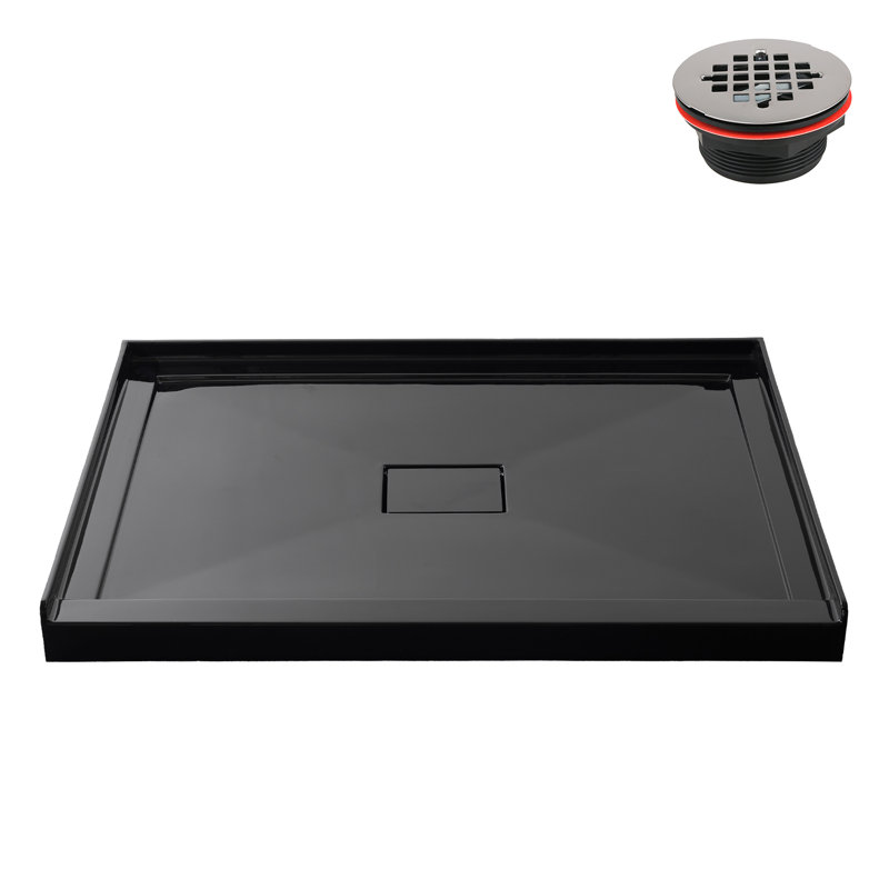 Base de douche 48 po x 36 po Alcove en acrylique noir brillant avec bonde centrale, bonde incluse, Noir lustré