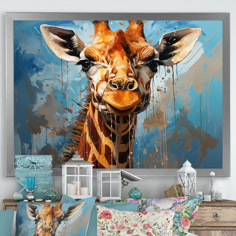 Collage animal girafe cobalt - imprimé, H 16 po x l 32 po x P 1 po, Cadre photo argenté
