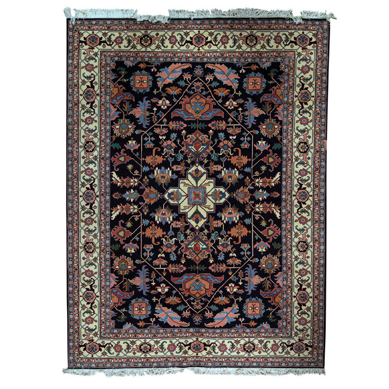 Tapis oriental en laine noué à la main 9 pi x 12 pi bleu marine / ivoire / noir Oriental