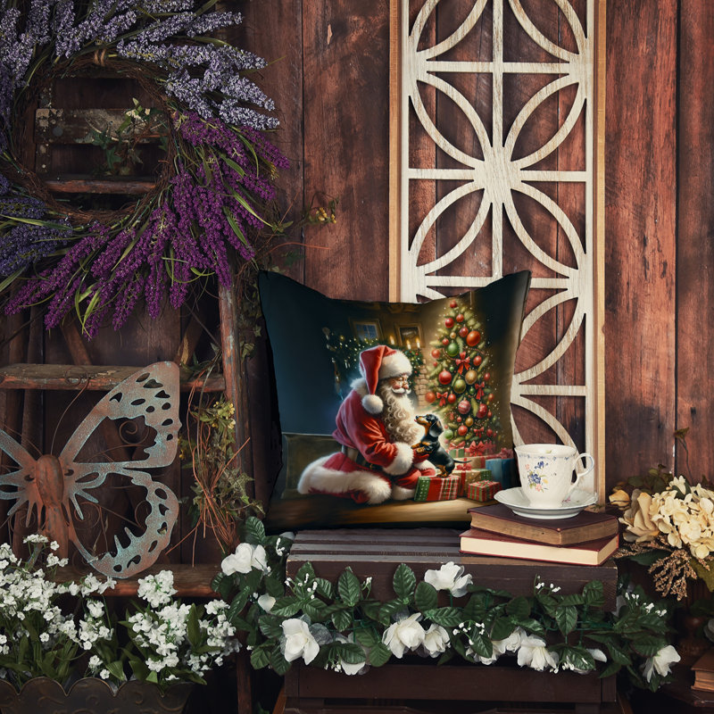 Dachshund and Santa Claus Throw Pillow, 14"H x 14"W