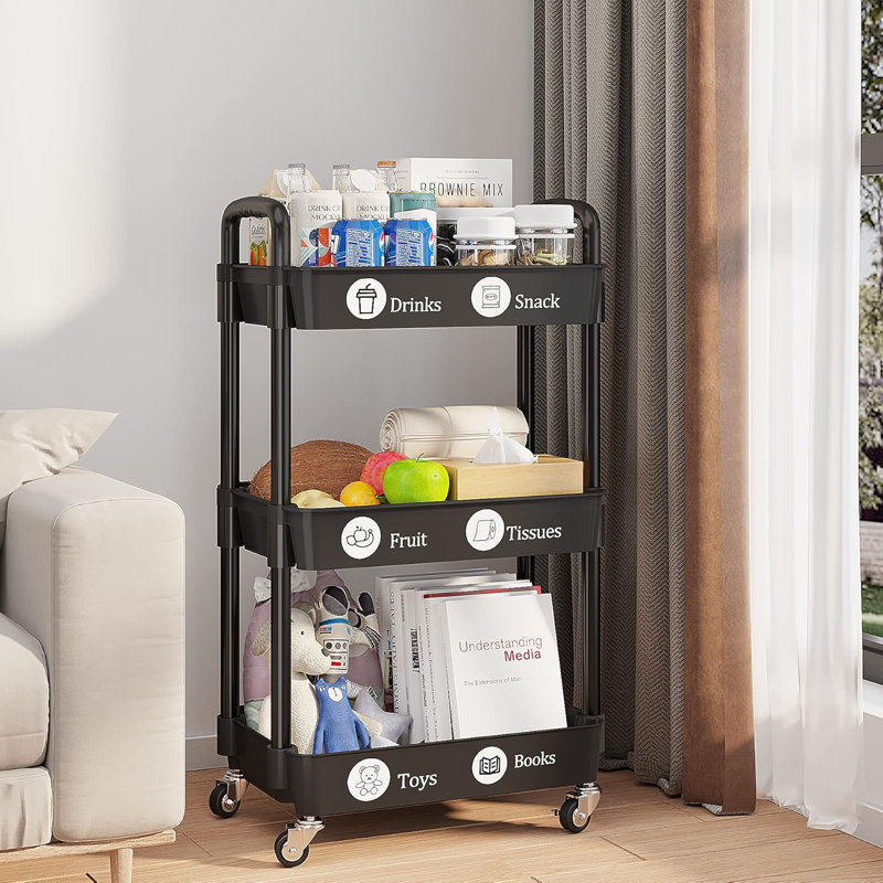 Labels,Multifunctional Comagtable Rolling Shelving With Handle And Lockable Wheels For, Black, Black