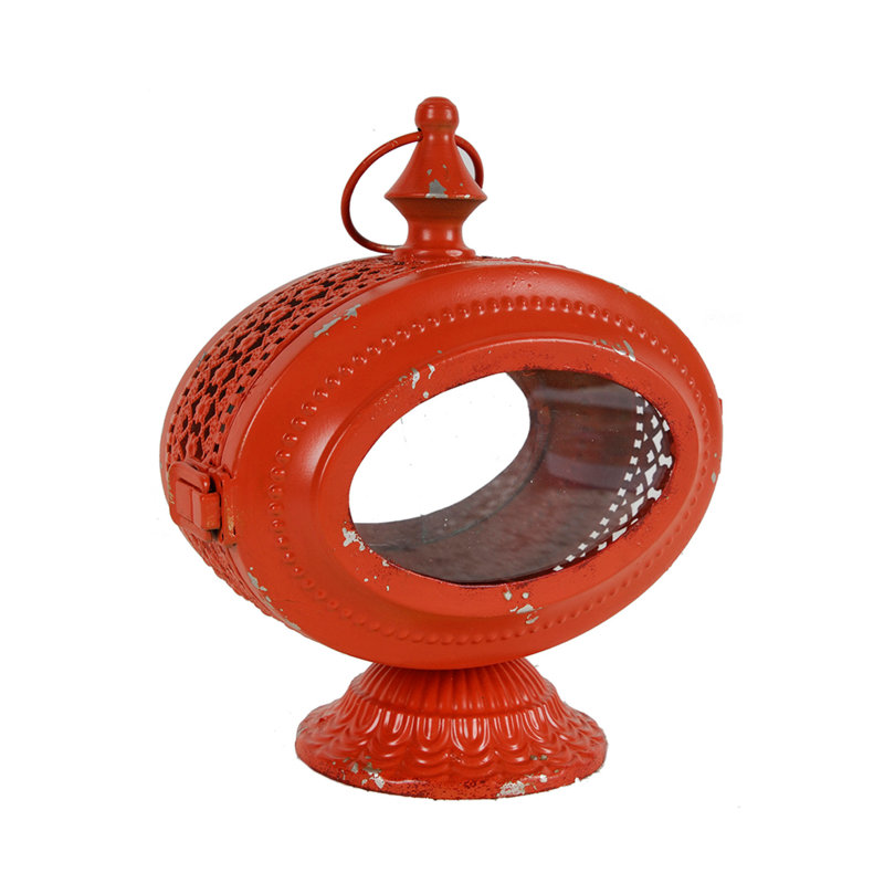 Cia Candle Holder, 12 Inch Oval Shape, Red Iron Frame With Glass Center