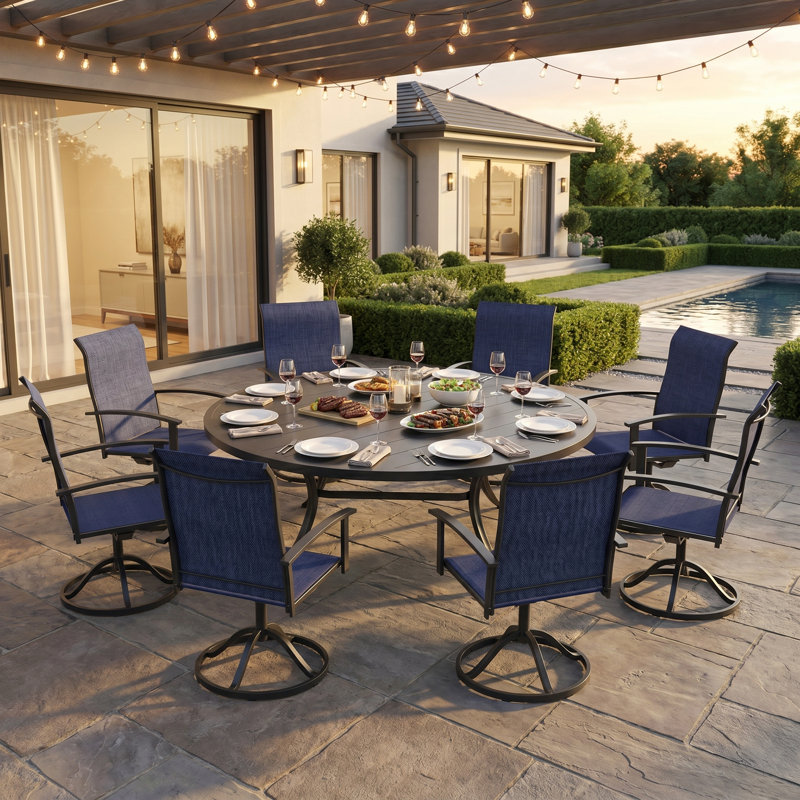 8-Person Patio Dining Set With Swivel Chairs, Black/Blue