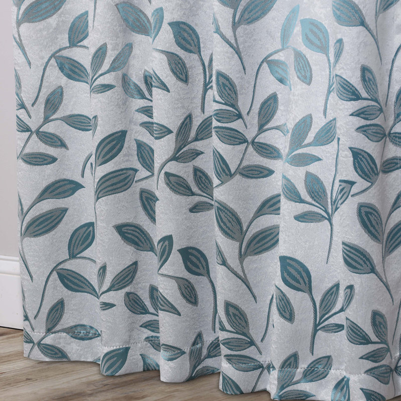 Teal Polyester Blackout Curtains with Leaf Pattern, 52" x 63"