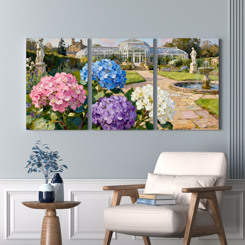 Hortensia jardin, reproduction d'art sur toile tendue sur toile, ensemble de 3, H 18 po x l 36 po