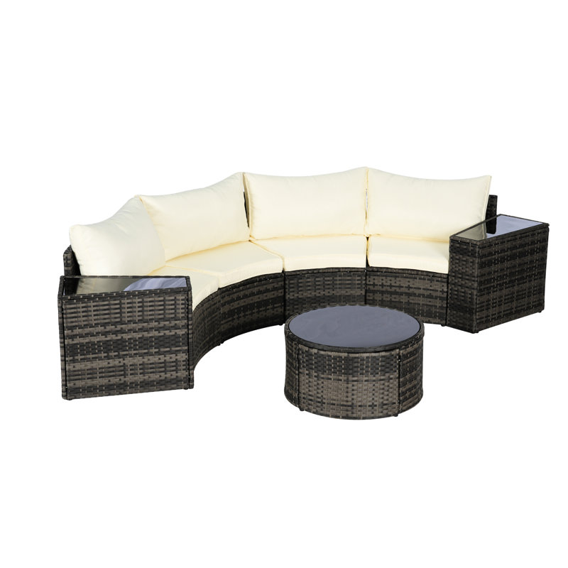 Ensemble de canapé modulaire d'extérieur demi-lune 7 pièces avec table basse ronde en verre trempé, Beige
