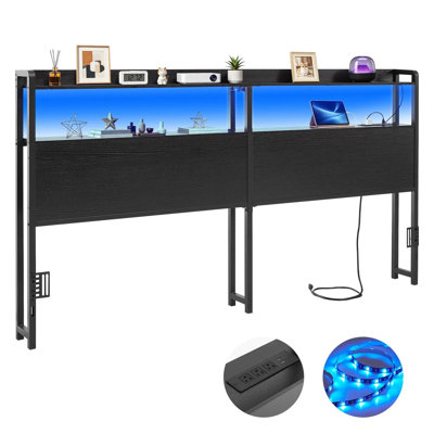 Tête de lit pour lit très grand, avec 2 tablettes de rangement, lumière DEL, 3 prises et 3 ports USB, tête de lit en acier au carbone robuste et stable avec station de charge, hauteur réglable, noir