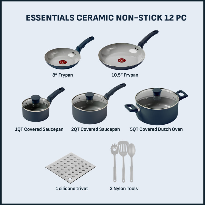 T-fal Essentials Non-stick, 12 Piece Pots And Pans Cookware Set, Midnight Blue